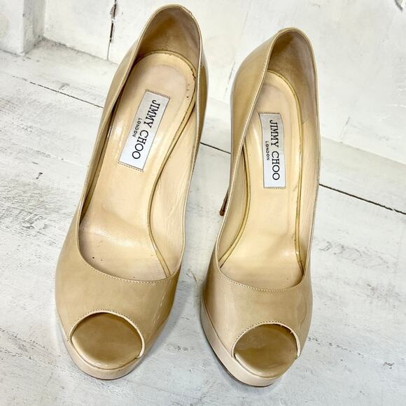 Jimmy Choo Crown Patent Leather Peep Toe Platform Pump Nude Womens Size 38.5 / 8 - Picture 5 of 11